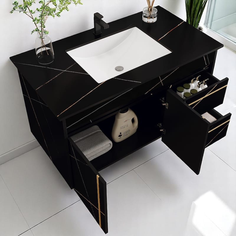 35.4 Inch Wall-Mounted Bathroom Vanity with Engineered Stone Top, Ceramic Sink, Soft-Close Drawers & Door