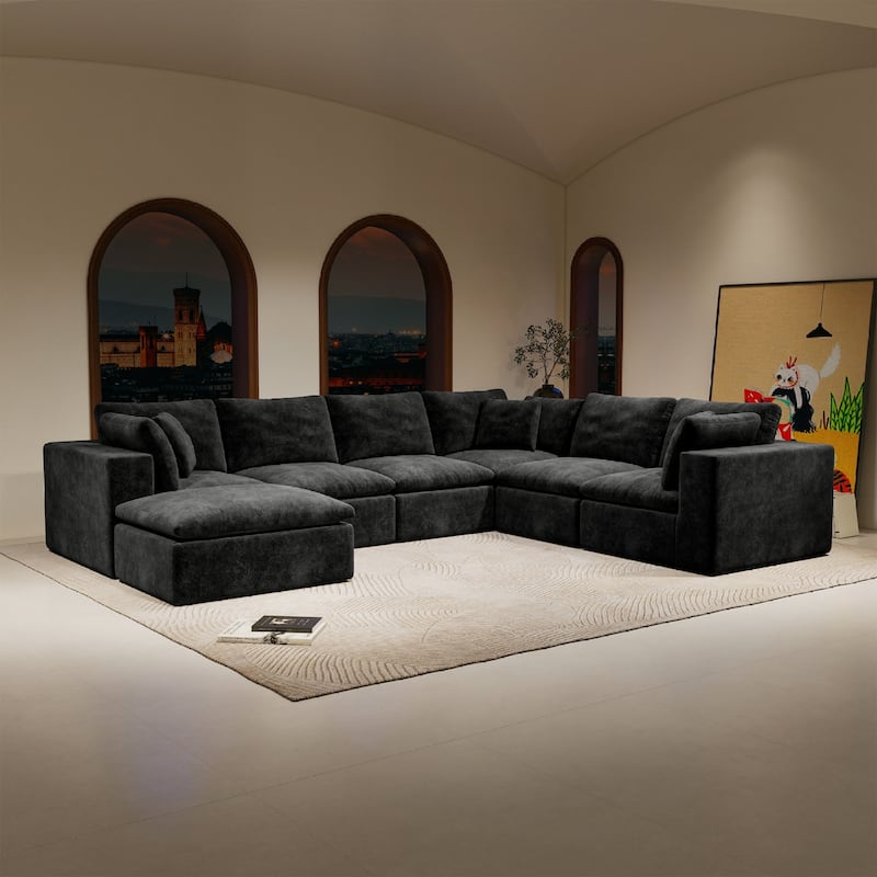 Roomfitters 137.8" Modular Sectional Sofa, 7-Piece Compressed Cloud Couch, No Assembly Required, Plush Corduroy, Black