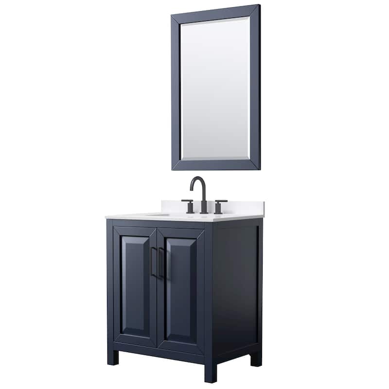 Daria 30-inch Single Vanity, 3 Hole Quartz Top, 24-inch Mirror - Dark Blue, Black Trim, White Quartz Top