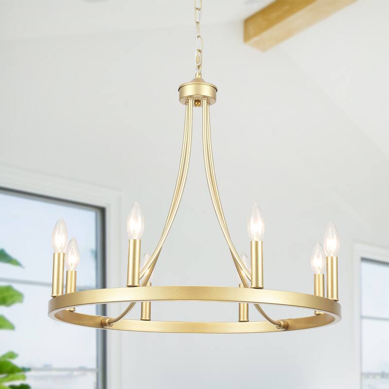 8-light Rustic Farmhouse Wagon Wheel Chandelier Candle Dining Room Lighting Fixtures for Kitchen Island Foyer - N/A - Spray Gold
