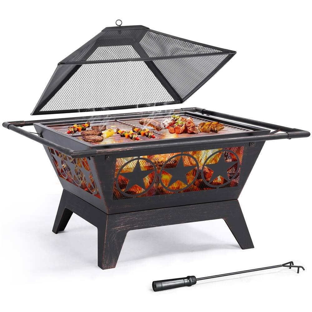 Yaheetech 32" Iron Fire Pit with Mesh Cover Grills Poker for Patio