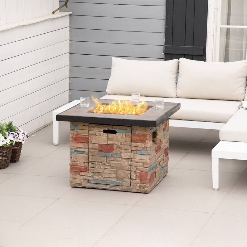 Outsunny 32 Inch Square Propane Fire Pit Table, 50,000BTU Gas Firepit with Protective Cover, Lava Rocks, CSA Certification - Brown