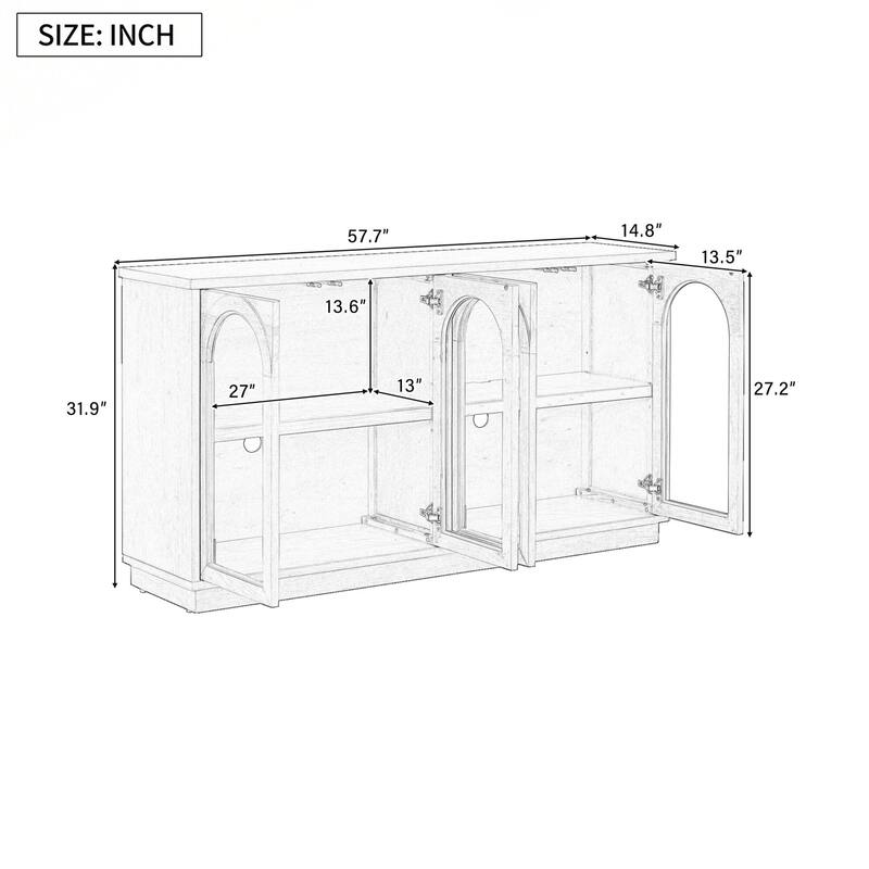 4-Door Large Storage Buffet Cabinet with Glass Doors, Arched Cabinet with Adjustable Shelves for Kitchen, Dining Room