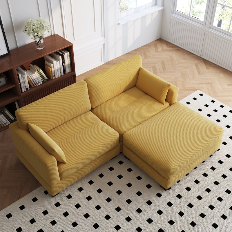 84'' L-Shaped Corduroy Comfy Couch Modular Sectional Sofa With Ottoman