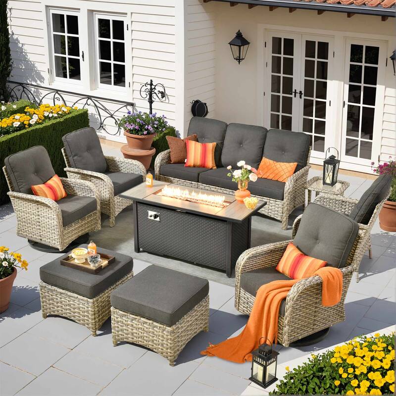 HOOOWOOO 9-piece Outdoor Wicker Patio Furniture Swivel Rocking Chair Set with Fire Pit - Black