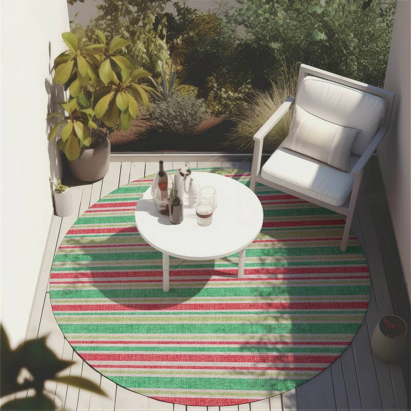 Machine Washable Indoor/ Outdoor Multi Cabana Stripe Chantille Rug - Green - 8' x 8'