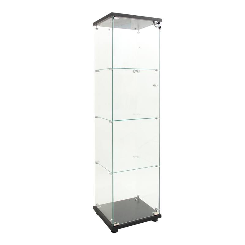 LED lights Glass Display Cabinet 4 Shelves with Door, Floor Standing Curio Bookshelf