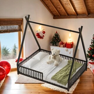 House-Shaped Metal Full Size Platform Bed with Triangle Structure and Guardrail,Sturdy Frame