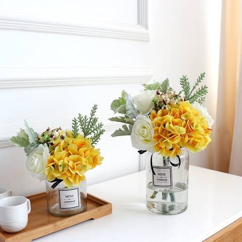 FloralGoods Yellow Hydrangea White Rose and Greenery in Vase