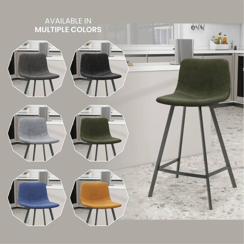 Elland Leather Bar Stool - Modern Counter Height Stool with Black Stainless Steel Legs for Kitchen Island or Home Bar Set of 2