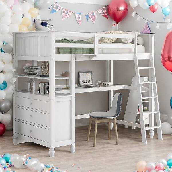 slide 2 of 47, Twin Size Loft Bed With Drawers And Desk,Shelves for Home White