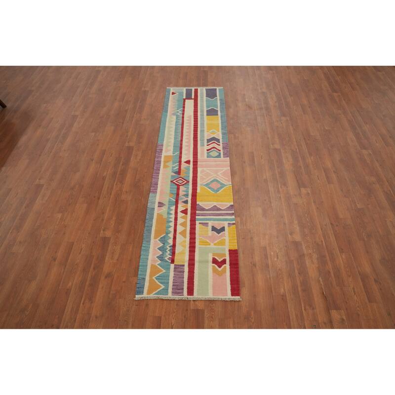Hand Woven Oriental 100% Wool Carpet Southwestern Modern Multi-Colored Kilim Runner Rug - 8' 2'' X 2' 1''