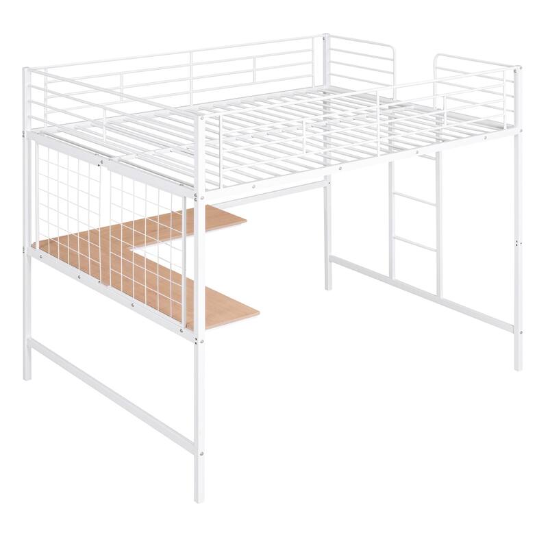 Full Size Metal Loft Bed with Desk and Metal Grid, Easy Assembly, White