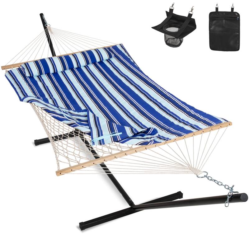 Rope Hammock with Detachable Pillow and Pad, 12FT Steel Stand Included - Blue Stripes