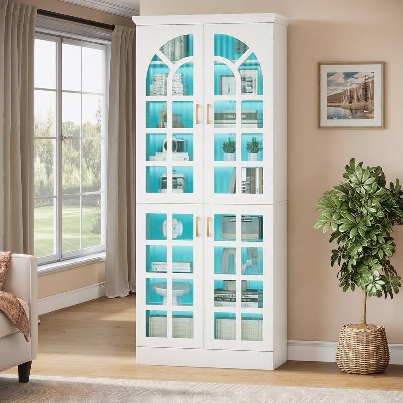 Pantry Cabinet with LED Lights, 76" Tall Adjustable Storage Cabinet - White