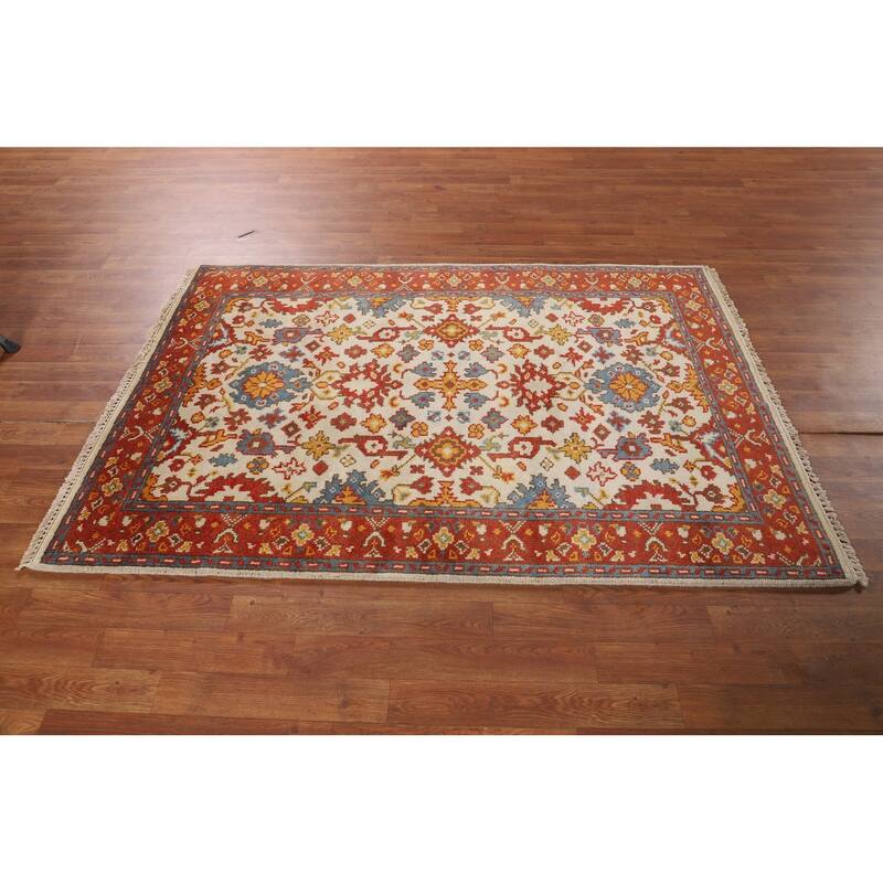 Beige / Ivory Oushak Oriental Accent Rug Hand-Knotted Wool Carpet - 4'0" X 5'11"