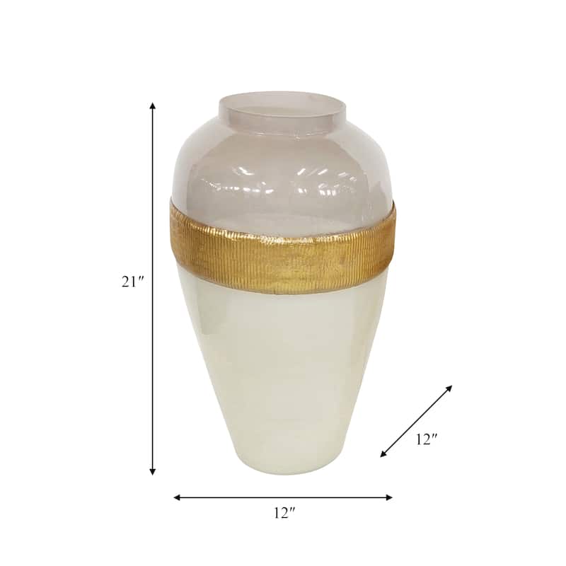 21" Ginger Vase Contemporary White and Gold Glass Vase with Brass Accents Table Decor For Home, Office, Event Floral