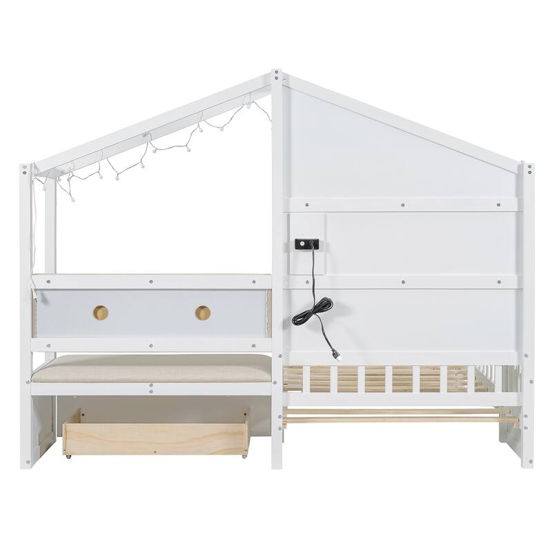 Twin Size House Bed with Upholstered Sofa, House Bed with Charging Station