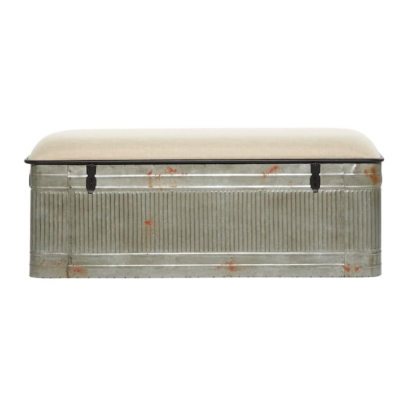 Gray Metal Galvanized Storage Bench with Cream Upholstered Burlap Top Seat - 2 Sizes