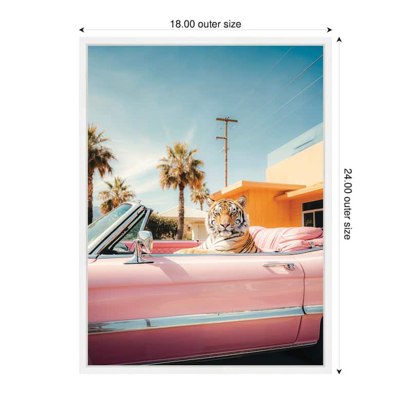 Kate and Laurel Cool Tiger Sitting in a Pink Classic Car by Michael Schauer Framed Canvas Wall Art Print