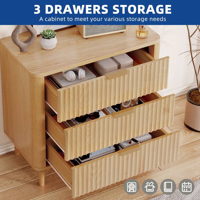 Moasis Modern Fluted 3-Drawer Dresser Chest of Drawers Natural Oak