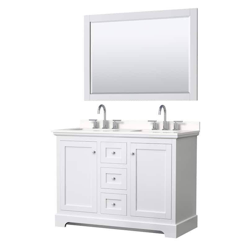 Avery 48-inch Double Vanity, Quartz Top, 46-inch Mirror - White, Chrome Trim, White Quartz Top