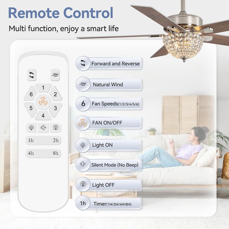 52" Modern 5-Blade Chandelier Ceiling Fan with Light and Remote