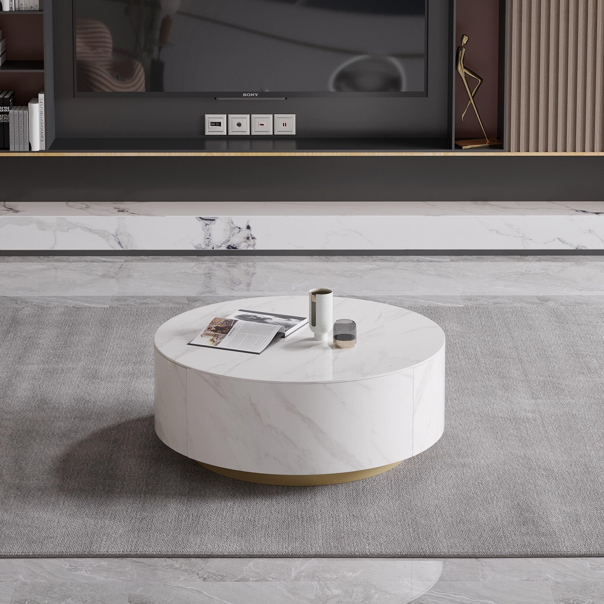 【超目玉】 Modern Round Stone Sintered Drawers, 2 with Table Coffee 座卓、ローテーブル