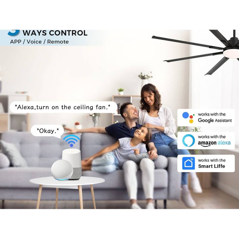 52 Inch/66 Inch/72 Inch Modern Ceiling Fan with Dimmable LED Light ,Remote&APP Control,8 Blades for Large Living Room,Porch