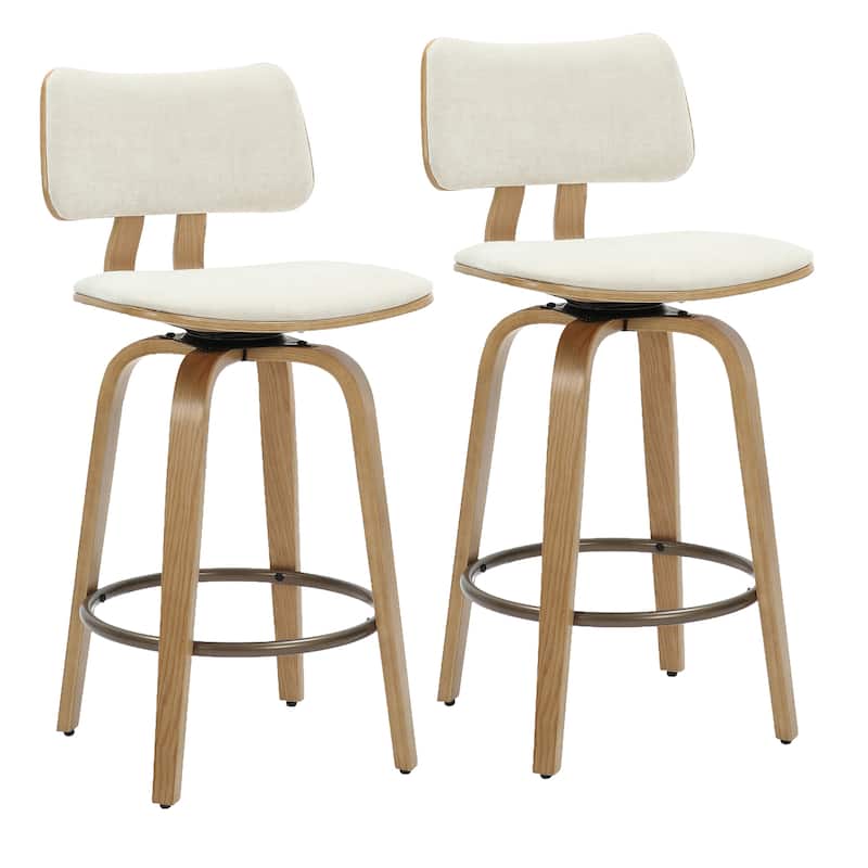 Mid-Century Fabric and Wood 26" Counter Stool with Swivel, Set of 2 - Beige and Natural