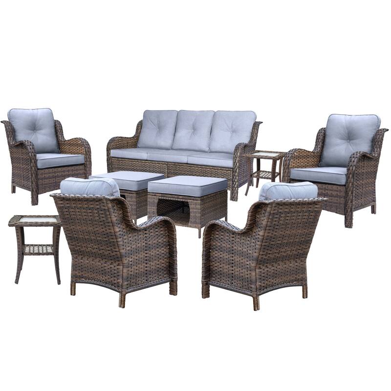 Brown Wicker Outdoor Patio Furniture Sofa Set with Denim Blue Cushions