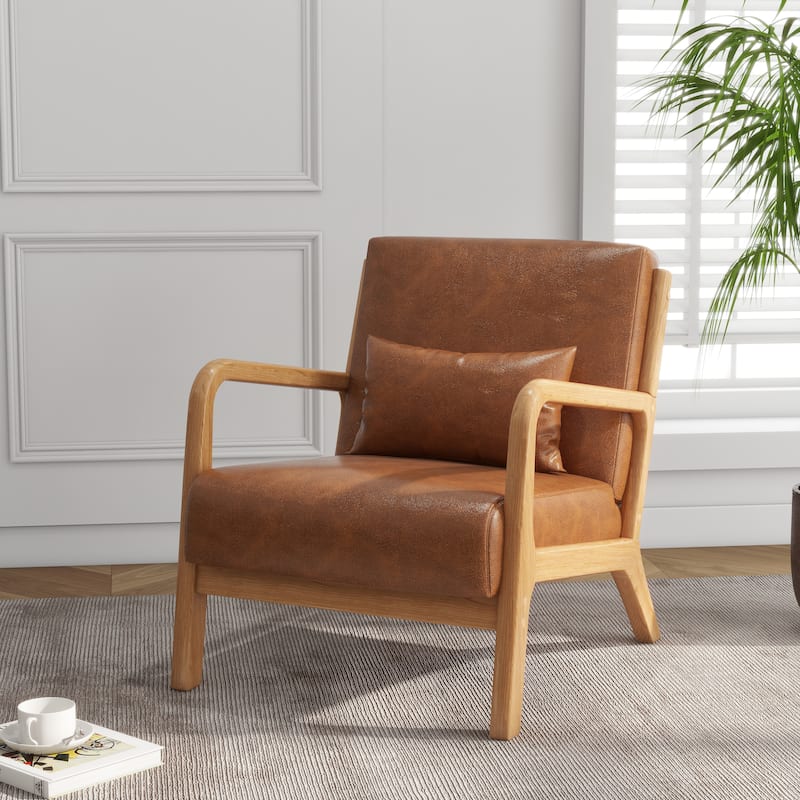Mid Century Solid Wood Upholstered Accent Chair - LIGHT BROWN/PU/NATURAL WOOD HIGH SIDE FRAME
