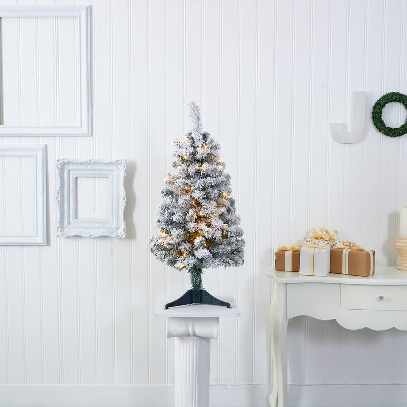 3ft. Flocked Spruce Artificial Christmas Tree with 50 Clear LED Lights - Compact Snowy Holiday X-Mas Accent