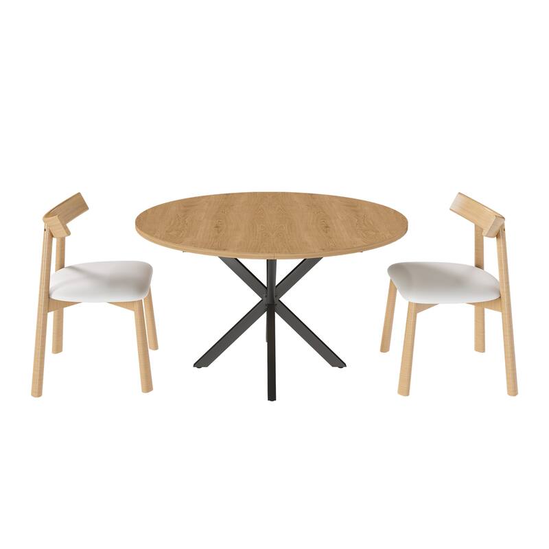 Extendable Round Dining Table Set for 2-6: 43" to 58" Oak Finish Expandable Table with Carbon Steel Base & Wood Chairs
