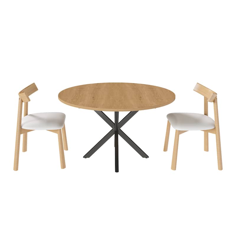 Extendable Round Dining Table Set for 2-6 Person, 43 to 58 Inch Expandable Table with Carbon Steel Base & 2 Solid Wood Chairs