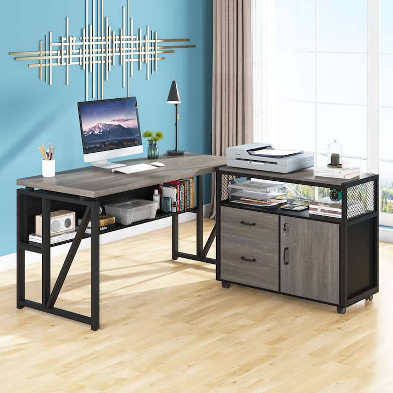 55 inches computer desk and 32 inches file cabinet 2 Piece Home Office Furniture with Bookshelf,Double Drawers