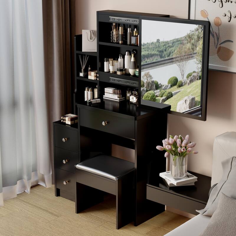 29.2" Small Space Left Bedside Cabinet Vanity Table + Cushioned Stool