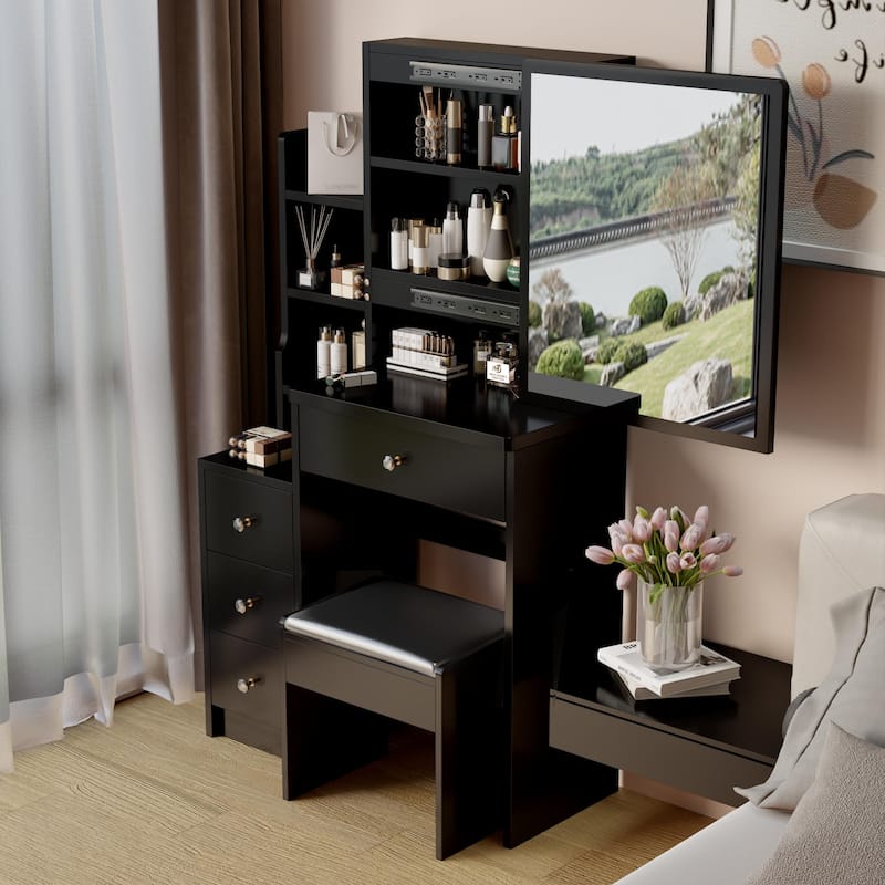 Vanity Desk with Control Sliding LED Mirror, Makeup Vanity with Cushioned Stool, Vanity Set with Hair Dryer Bracket