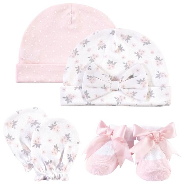 slide 1 of 1, Hudson Baby Infant Girl Caps, Scratch Mitten and Sock Set 4pc, Pink Gray Floral, 0-6 Months - Pink Gray Floral Pink Gray Floral - 0-6 Months