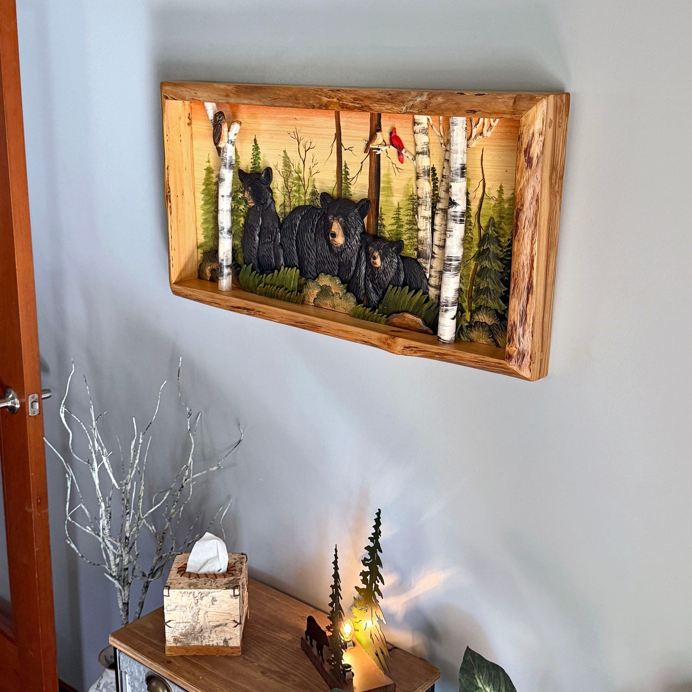 Rustic Bear Family In Woods Intarsia Wood Wall Sculpture 35.5X18