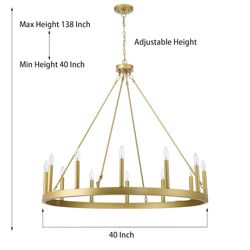 Mid-century Modern 12-light French Country Gold Candle Wagon Wheel Chandelier - 40'' D x 138'' H
