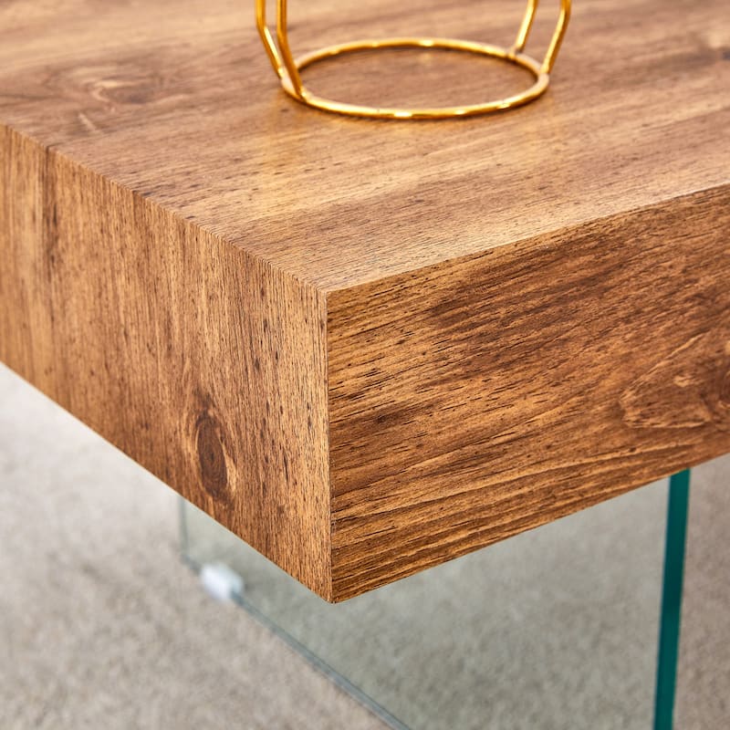 Living Room Dining Table Accent Table with Wood Grain Top, Square Coffee Table with Tempered Glass Legs