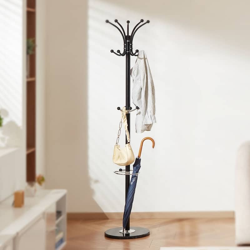 Black 14 Hooks Freestanding Coat Rack with Thick Carbon Steel Rod and Stable Marble Base - 14.57” x 14.57” x 69.29”