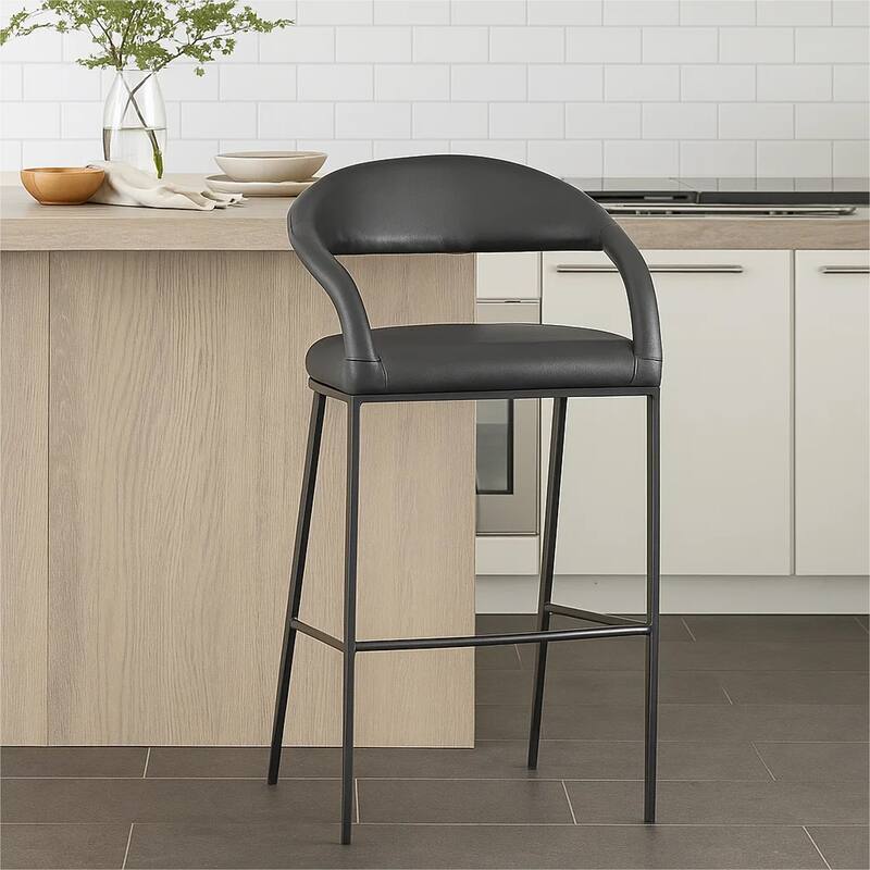 Monie Counter Stool Chair, Curved Floating Back, Black Faux Leather