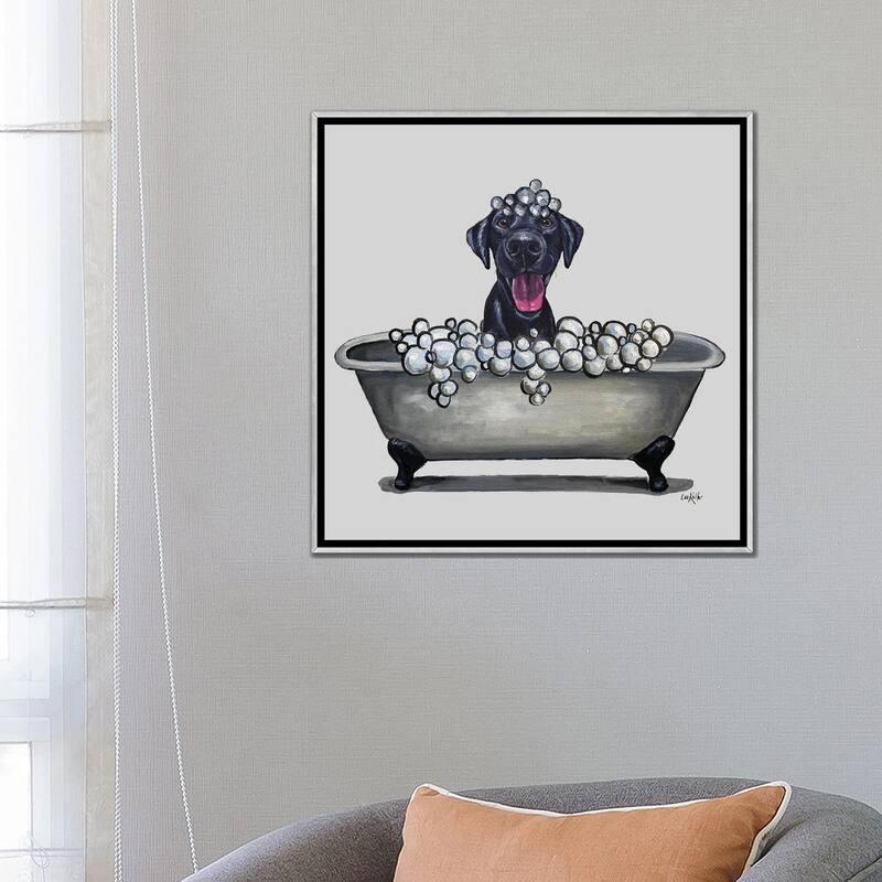 iCanvas "Dogs In The Tub Series, Black Lab In Bathtub" by Hippie Hound Studios Framed