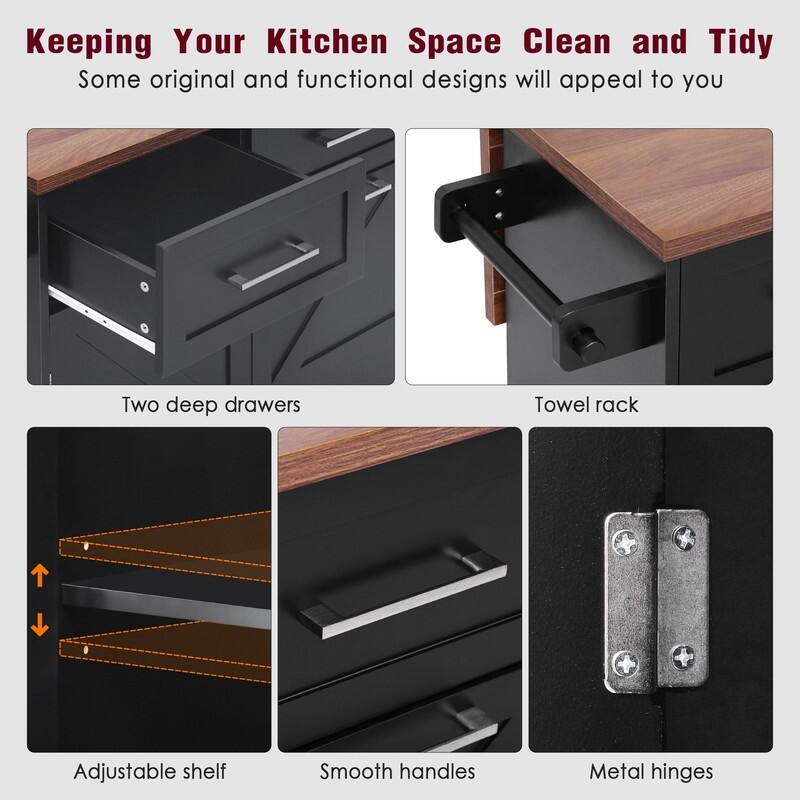 47.2" Rolling Kitchen Island on 5 Wheels with Drop Leaf, Kitchen Island with 2 Drawers, Trash Can Storage