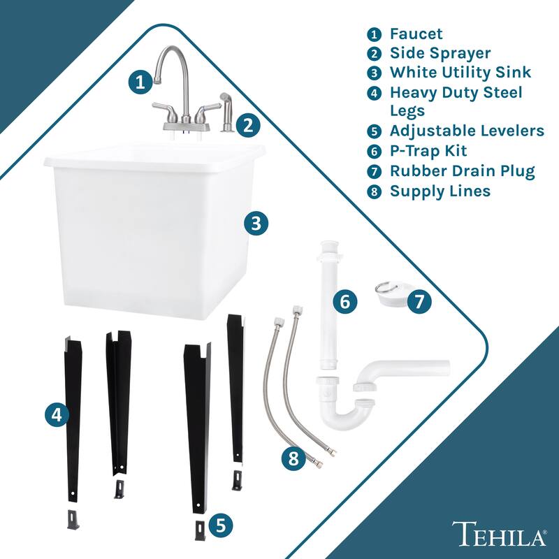 TEHILA White 16-Gallon Space Saver Utility Sink Laundry Tub with Gooseneck Faucet
