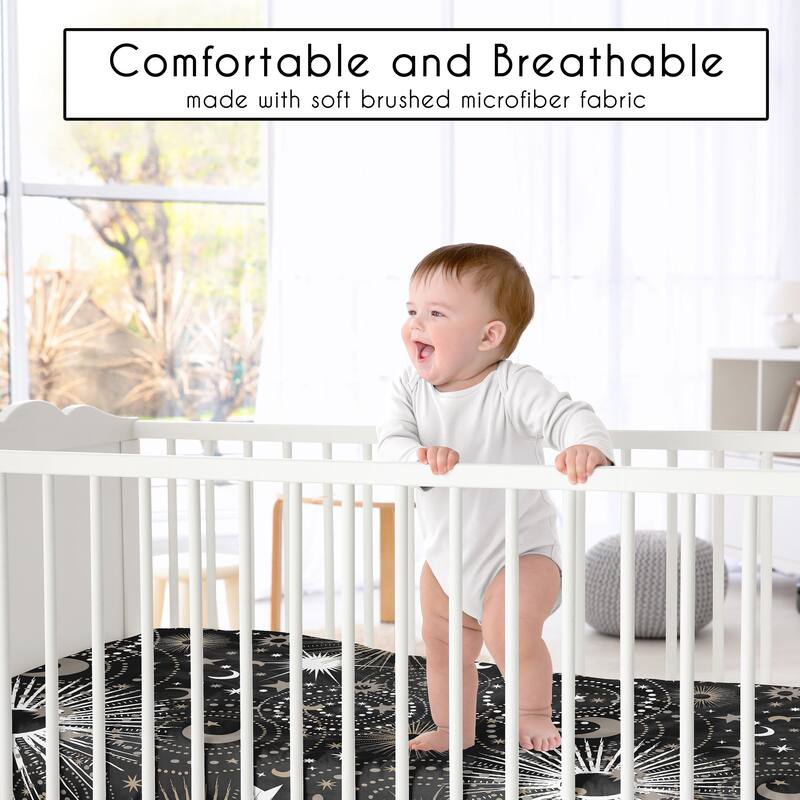Sweet Jojo Designs Black Space Moon and Stars Boy, Girl, Unisex/Gender Neutral Fitted Crib Sheet - Gold & Silver Celestial, Sky