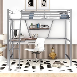 Modern Design, Safety for Kids, Sturdy Metal Loft Bed with Built-in Desk and Shelf, Silver