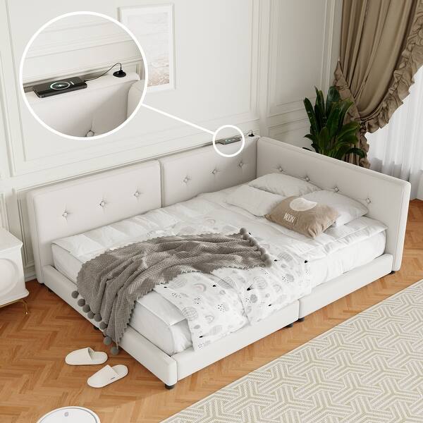 slide 2 of 12, Upholstered Queen Size Platform Bed with USB Ports, Beige Beige